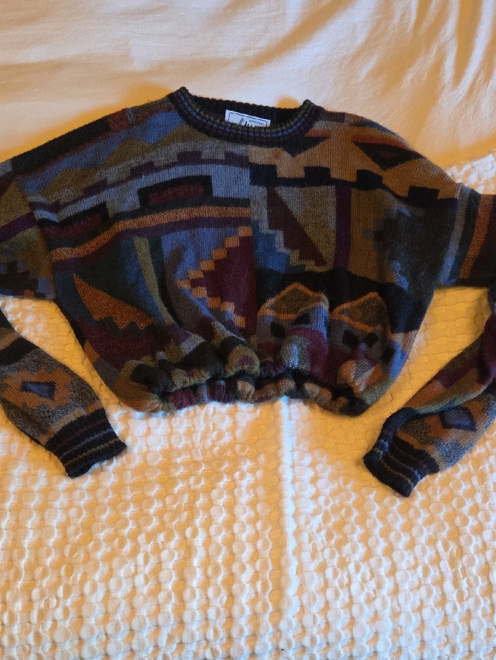 Crop Geometric Pattern Sweater - Multi-Color Lg